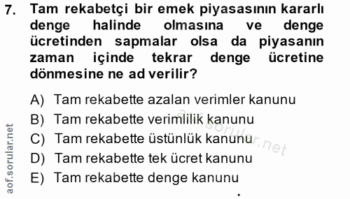 7. soru: Tam rekabetçi bir emek piyasasının kararlı denge halinde olmasına ve denge ücretinden sapmalar olsa da piyasanın zama…