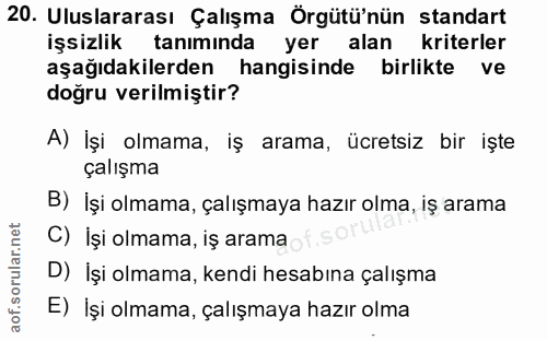 20. soru: Uluslararası Çalışma Örgütü'nün standart işsizlik tanımında yer alan kriterler aşağıdakilerden hangisinde birlikte ve…