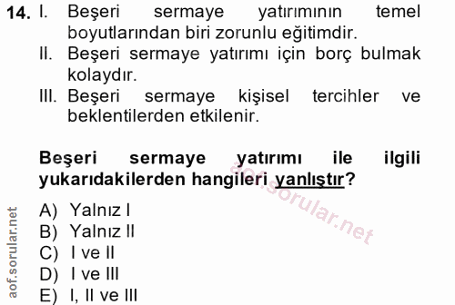 14. soru: l. Beşeri sermaye yatırımının temel boyutlarından biri zorunlu eğitimdir. II. Beşeri sermaye yatırımı için borç bulma…