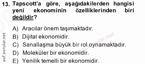13. soru: Tapscott'a göre, aşağıdakilerden hangisi yeni ekonominin özelliklerinden biri değildir? A) Aracılar önem taşımaktadır…