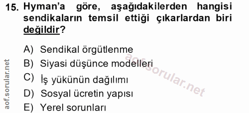 15. soru: Hyman'a göre, aşağıdakilerden hangisi sendikaların temsil ettiği çıkarlardan biri değildir? A) Sendikal örgütlenme B)…