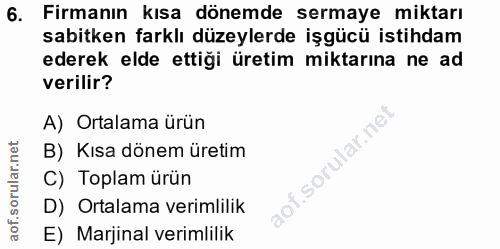 6. soru: Firmanın kısa dönemde sermaye miktarı sabitken farklı düzeylerde işgücü istihdam ederek elde ettiği üretim miktarına…
