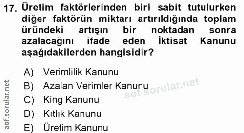 17. soru: Üretim faktörlerinden biri sabit tutulurken diğer faktörün miktarı artırıldığında toplam üründeki artışın bir noktada…