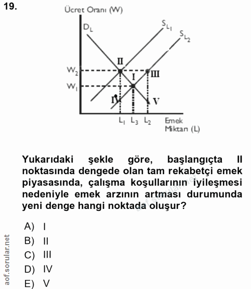 19. soru: Ücret Oranı (W) DL W2 WI 4 L3 42 Emek Miktan (L) Yukarıdaki şekle göre, başlangıçta noktasında dengede olan tam rekab…