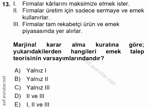 13. soru: 1. Firmalar kârlarını maksimize etmek ister. II. Firmalar üretim için sadece sermaye ve emek kullanırlar. Ill. Firmal…