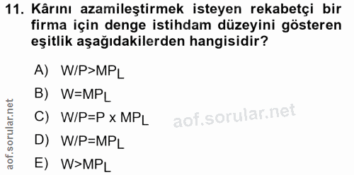 11. soru: Kârını azamileştirmek isteyen rekabetçi bir firma için denge istihdam düzeyini gösteren eşitlik aşağıdakilerden hangi…