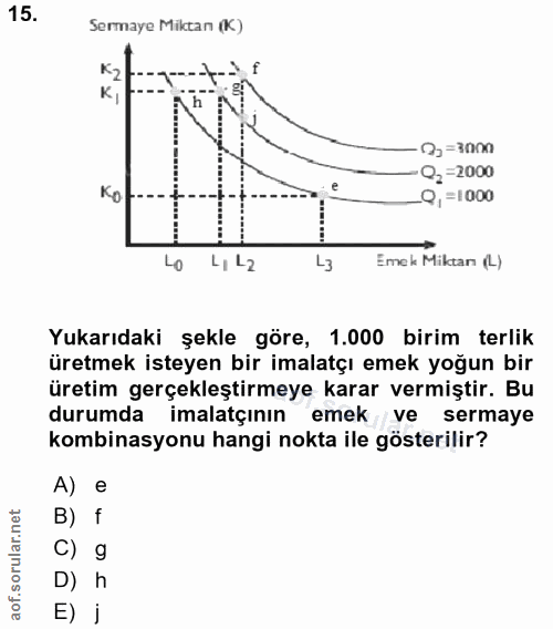 15. soru: Sermaye Miktan (K) 2=3000 02=2000 Q,=1000 Lo L, L2 L3 Emek Miktar (L) Yukarıdaki şekle göre, 1.000 birim terlik üretm…