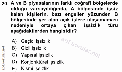 20. soru: A ve B piyasalarının farklı coğrafi bölgelerde olduğu varsayıldığında, A bölgesinde işsiz kalan kişilerin, bazı engel…
