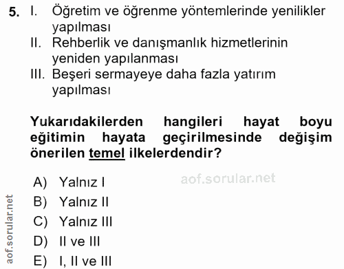 5. soru: I. Oğretim ve öğrenme yöntemlerinde yenilikler yapılması II. Rehberlik ve danışmanlık hizmetlerinin yeniden yapılanma…