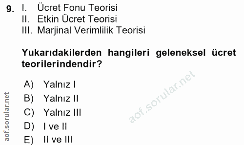 9. soru: 1. Ucret Fonu Teorisi II. Etkin Ücret Teorisi III. Marjinal Verimlilik Teorisi Yukarıdakilerden hangileri geleneksel…