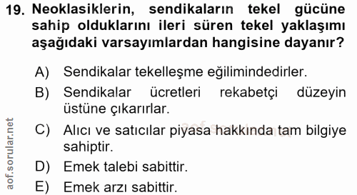 19. soru: Neoklasiklerin, sendikaların tekel gücüne sahip olduklarını ileri süren tekel yaklaşımı aşağıdaki varsayımlardan hang…