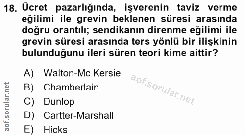 18. soru: Ucret pazarlığında, işverenin taviz verme eğilimi ile grevin beklenen süresi arasında doğru orantılı; sendikanın dire…