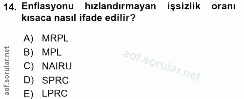 14. soru: Enflasyonu hızlandırmayan işsizlik orani kısaca nasıl ifade edilir? A) MRPL B) MPL C) NAIRU D) SPRC E) LPRC