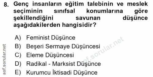 8. soru: Genç insanların eğitim talebinin ve meslek seçiminin sinifsal konumlarına göre şekillendiğini savunan düşünce aşağıda…
