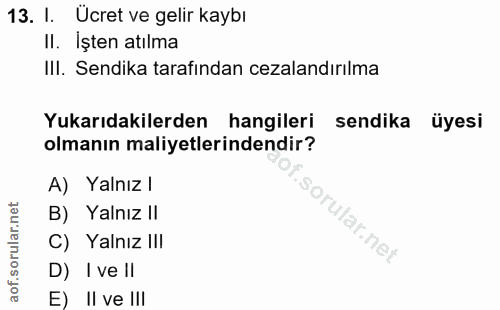 13. soru: I. Ücret ve gelir kaybı II. İşten atılma IlI. Sendika tarafindan cezalandırılma Yukarıdakilerden hangileri sendika üy…