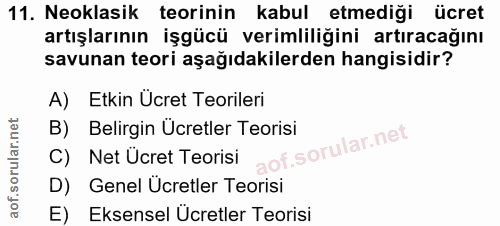 11. soru: Neoklasik teorinin kabul etmediği ücret artışlarının işgücü verimliliğini artıracağını savunan teori aşağıdakilerden…