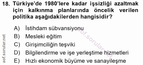 18. soru: Türkiye'de 1980'lere kadar işsizliği azaltmak için kalkınma planlarında öncelik . verilen politika aşağıdakilerden ha…