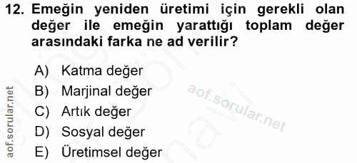 12. soru: Emeğin yeniden üretimi için gerekli olan değer ile emeğin yarattığı toplam değer arasındaki farka ne ad verilir? A) K…
