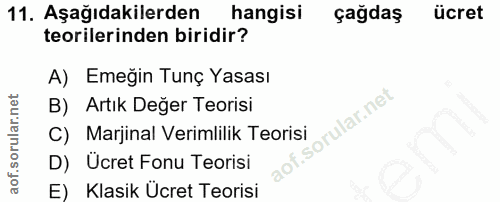 11. soru: Aşağıdakilerden hangisi çağdaş ücret teorilerinden biridir? A) Emeğin Tunç Yasası B) Artık Değer Teorisi C) Marjinal…