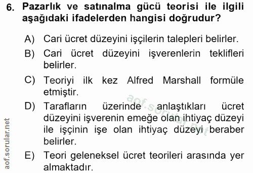 6. soru: Pazarlık ve satınalma gücü teorisi ile ilgili aşağıdaki ifadelerden hangisi doğrudur? A) Cari ücret düzeyini işçileri…