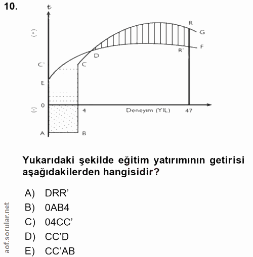 10. soru: R G E Deneyim (YIL) 47 Yukarıdaki şekilde eğitim yatırımının getirisi aşağıdakilerden hangisidir? A) DRR' B) 0AB4 C)…