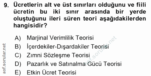 9. soru: Ucretlerin alt ve üst sınırları olduğunu ve fiili ücretin bu iki sınır arasında bir yerde oluştuğunu ileri süren teor…