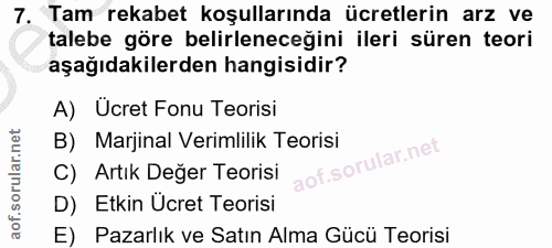 7. soru: Tam rekabet koşullarında ücretlerin arz ve talebe göre belirleneceğini ileri süren teori aşağıdakilerden hangisidir?…