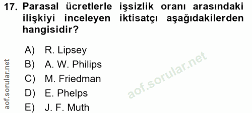 17. soru: Parasal ücretlerle işsizlik oranı arasındaki ilişkiyi inceleyen iktisatçı aşağıdakilerden hangisidir? A) R. Lipsey B)…