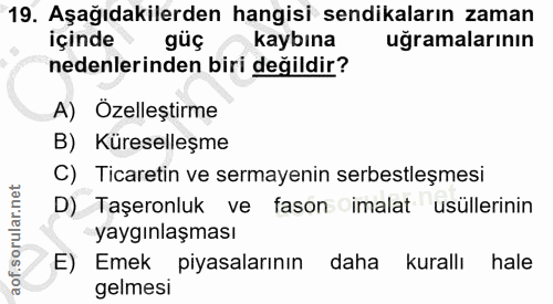 19. soru: Aşağıdakilerden hangisi sendikaların zaman içinde güç kaybına uğramalarının nedenlerinden biri değildir? A) Özelleşti…