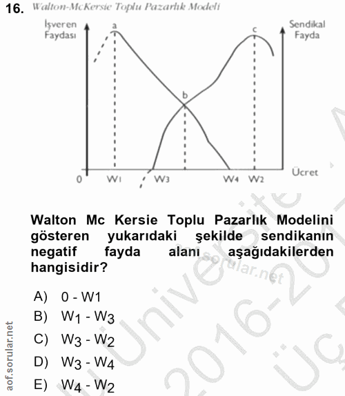 16. soru: Walton-McKersie Toplu Pazarlık Modelt Işveren Sendikal Faydası Fayda Ucret WI : W3 W4 W2 Walton Mc Kersie Toplu Pazar…