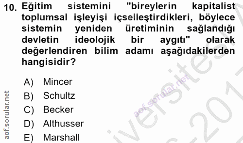 10. soru: Eğitim sistemini "bireylerin kapitalist toplumsal işleyişi içselleştirdikleri, böylece sistemin yeniden üretiminin sa…