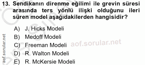 13. soru: Sendikanın direnme eğilimi ile grevin süresi arasında ters yönlü ilişki olduğunu ileri süren model aşağıdakilerden ha…