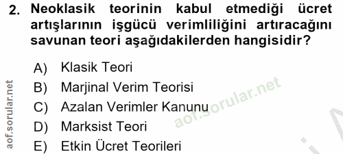 2. soru: Neoklasik teorinin kabul etmediği ücret artışlarının işgücü verimliliğini artıracağını savunan teori aşağıdakilerden…