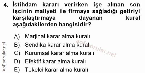 4. soru: İstihdam kararı verirken işe alınan son işçinin maliyeti ile firmaya sağladığı getiriyi karşılaştırmaya dayanan kural…