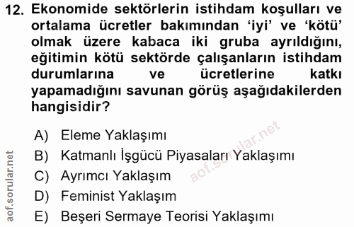 12. soru: Ekonomide sektörlerin istihdam koşulları ve ortalama ücretler bakımından 'iyi' ve 'kötü' olmak üzere kabaca iki gruba…