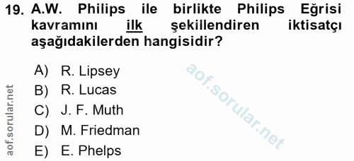 19. soru: A.W. Philips ile birlikte Philips Eğrisi kavramını ilk şekillendiren iktisatçı aşağıdakilerden hangisidir? A) R. Lips…