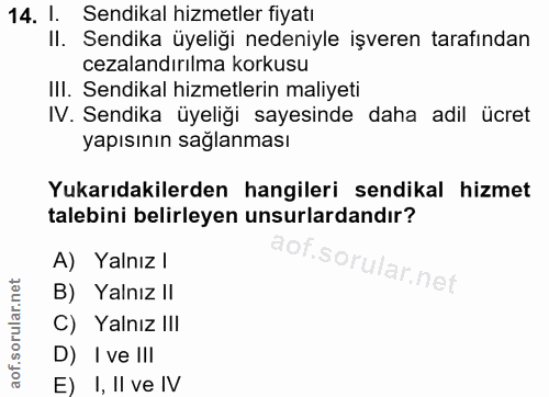 14. soru: I. Sendikal hizmetler fiyatı Il. Sendika üyeliği nedeniyle işveren tarafindan cezalandırılma korkusu IlI. Sendikal hi…