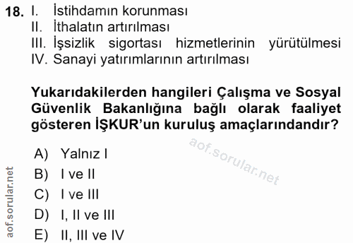 18. soru: 1. Istihdamın korunması II. İthalatın artırılması III. İşsizlik sigortası hizmetlerinin yürütülmesi IV. Sanayi yatırı…
