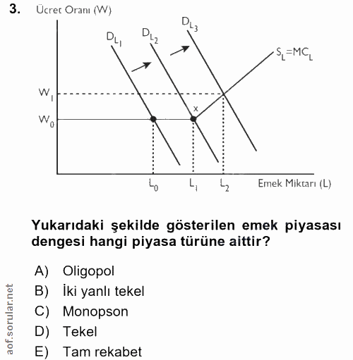 3. soru: Ucrer Oranı (W) DL3 DL, DL2 S,=MC, W, Wol L, Emek Miktarı (L) Yukarıdaki şekilde gösterilen emek piyasası dengesi han…