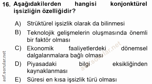 16. soru: Aşağıdakilerden hangisi konjonktürel işsizliğin özelliğidir? A) Strüktürel işsizlik olarak da bilinmesi B) Teknolojik…