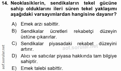 14. soru: Neoklasiklerin, sendikaların tekel gücüne sahip olduklarını ileri süren tekel yaklaşımı aşağıdaki varsayımlardan hang…