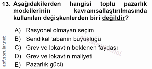 13. soru: Aşağıdakilerden hangisi toplu pazarlık modellerinin kavramsallaştırılmasında kullanılan değişkenlerden biri değildir?…