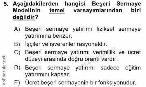 5. soru: Aşağıdakilerden hangisi Beşeri Sermaye Modelinin temel varsayımlarından biri değildir? A) Beşeri sermaye yatırımı fiz…