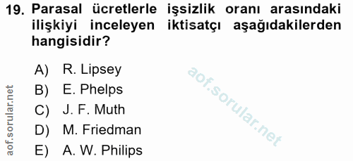 19. soru: Parasal ücretlerle işsizlik oranı arasındaki ilişkiyi inceleyen iktisatçı aşağıdakilerden hangisidir? A) R. Lipsey B)…