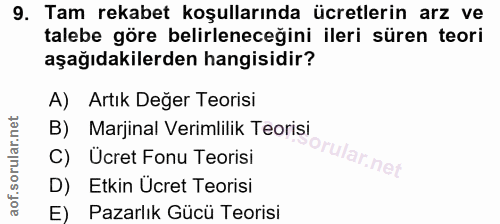 9. soru: Tam rekabet koşullarında ücretlerin arz ve talebe göre belirleneceğini ileri süren teori aşağıdakilerden hangisidir?…