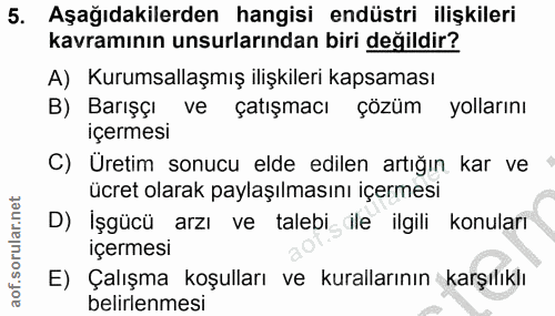 5. soru: Aşağıdakilerden hangisi endüstri ilişkileri kavramının unsurlarından biri değildir? A) Kurumsallaşmış ilişkileri kaps…