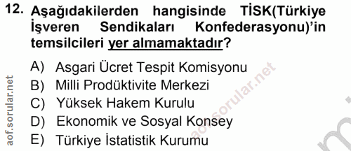 12. soru: Aşağıdakilerden hangisinde TISK(Türkiye İşveren Sendikaları Konfederasyonu)'in temsilcileri yer almamaktadır? A) Asga…