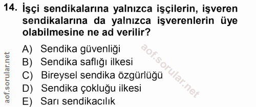 14. soru: İşçi sendikalarına yalnızca işçilerin, işveren sendikalarına da yalnızca işverenlerin üye olabilmesine ne ad verilir?…