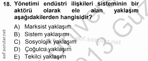 18. soru: Yönetimi endüstri ilişkileri sisteminin bir aktörü olarak ele alan yaklaşım aşağıdakilerden hangisidir? A) Marksist y…