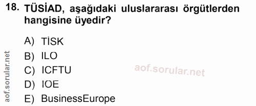 18. soru: TÜSIAD, aşağıdaki uluslararası örgütlerden hangisine üyedir? A) TiSK rular.net B) ILO C) ICFTU D) IOE aof. E) Busines…